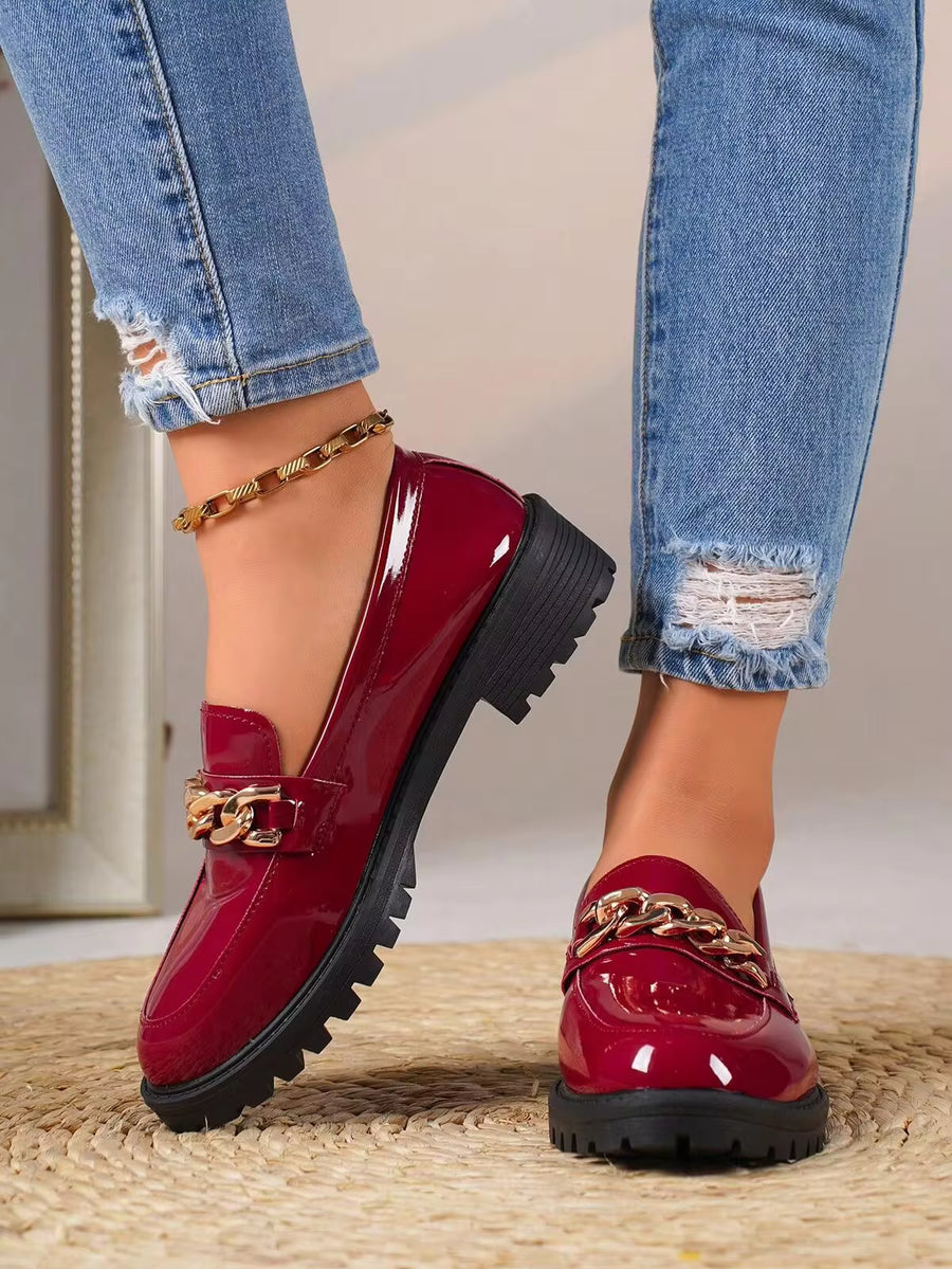 British Style PU Women's Spring/Autumn New Versatile Bow Slip-On Loafers Chunky Heel High Heels