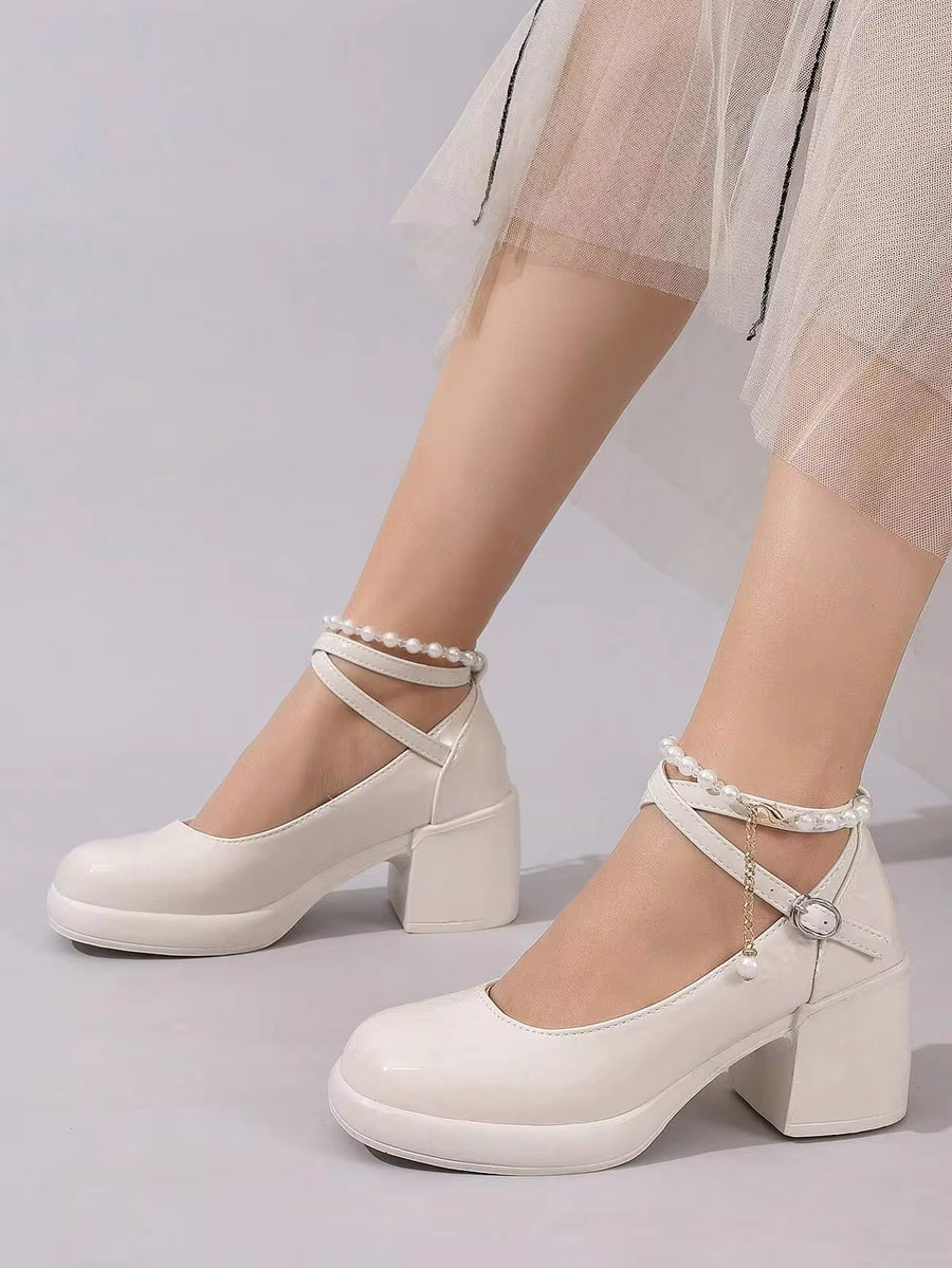 Elegant Mary Jane Glossy Black High Heel Cross-Strap Fashionable Leather Shoes