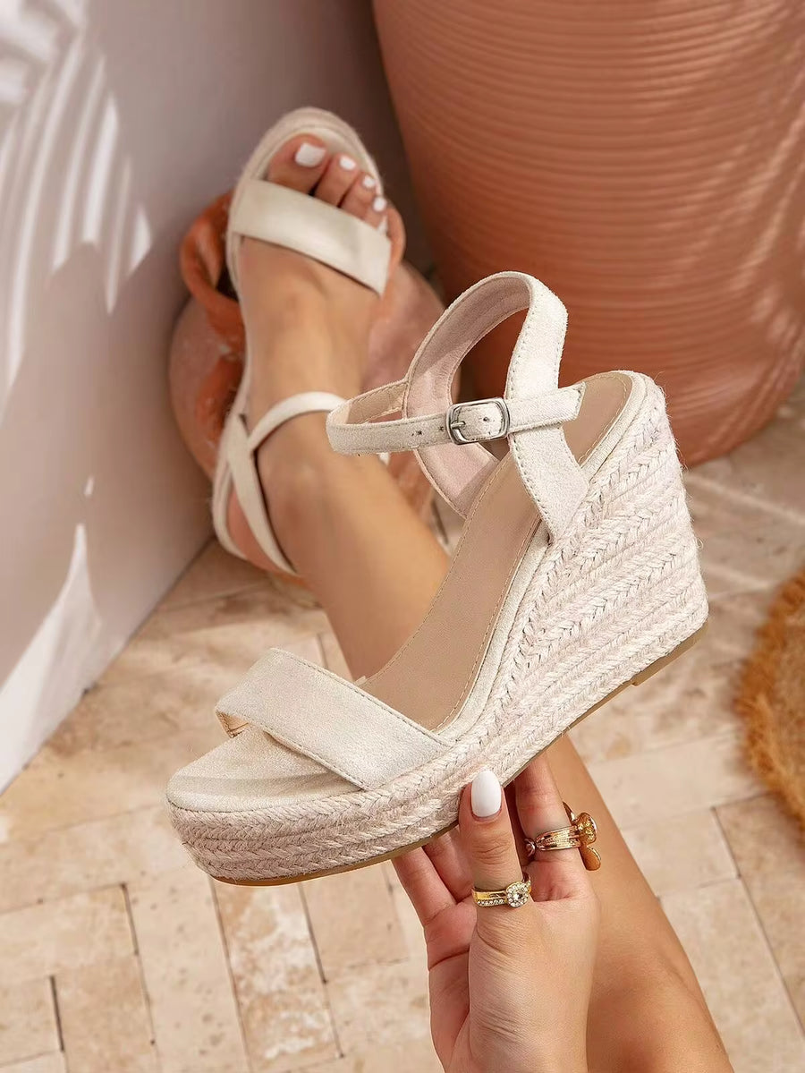 New Straw Wedge High Heel Black Sandals For Women, Strap Espanade Style Rope Decor Platform Thick Sole Roman Sandals, Spring & Summer Vacation