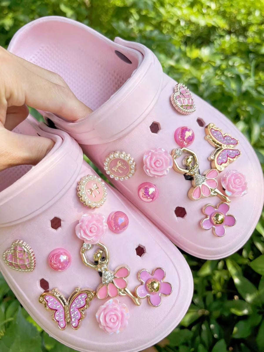 18pcs Pink Ballet Angel, Rose, Heart, Flower, Pearl Round Bow, Pink Sequin Butterfly DIY Detachable Decorative Accessories, Suitable For Sandals, Slippers, Garden Shoes, Holiday Gifts