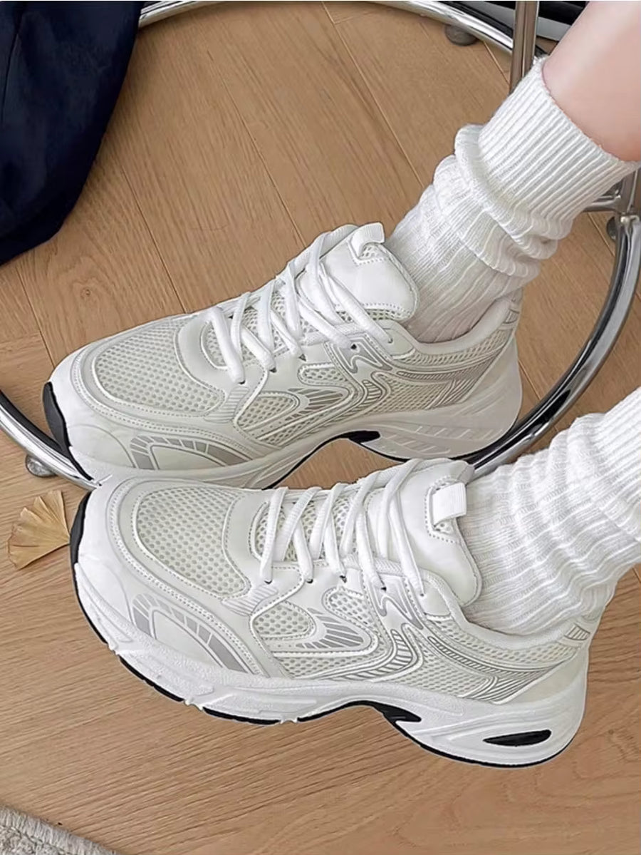 New Women Casual Sneakers,Chunky Sneakers,Shoes,White Shoes,Lace-Up Round Toe Mixed Material Breathable Versatile Outdoor Hiking Casual CommutingShoes
